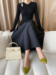 Elasticity Hollow Solid Color Split-Joint A-Line Long Sleeves Round-Neck Midi Dresses