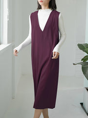 Casual A-Line Sleeveless Solid Color V-Neck Midi Dresses