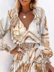 Contrast Color Pleated Split-Joint Tied A-Line Long Sleeves V-Neck Mini Dresses