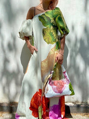 A-Line Loose Elasticity Flower Print One-Shoulder Maxi Dresses