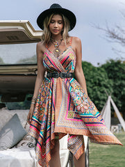 Bohemia Loose Irregularity Floral Printed V-Neck Mini Dresses