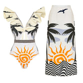 V Neck Ruffle Printed Chain Lace Up One Piece Swimsuit and Skirt(Shipped on Jan 10th)