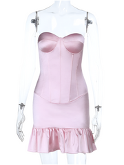 Pink Satin Bustier Frill Mini Dress