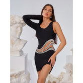 Irregular Cutout Rhinestone Mini Dress