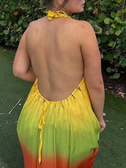 Backless Contrast Color Pleated Split-Joint Tied Loose Sleeveless Spaghetti-Neck Maxi Dresses