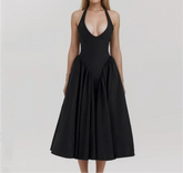 Halter Pleated Deep Neck Midi Dress