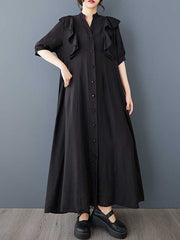 Buttoned Ruffle Trim Solid Color A-Line Half Sleeves V-Neck Midi Dresses