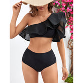 One Shoulder Ruffled Black Bikini Swimsuit Flaxmaker
