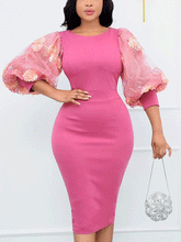 Mesh Lantern Sleeves Office Midi Dress