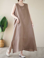 Solid Color A-Line Loose Round-Neck Midi Dresses
