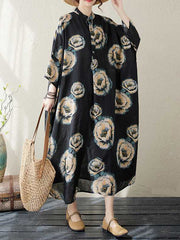 Buttoned Flower Print Loose Three-quarter Sleeves Stand Collar Midi Dresses