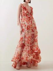 Flower Printed Sleeveless V-Neck Elegant Gauze Maxi Dresses