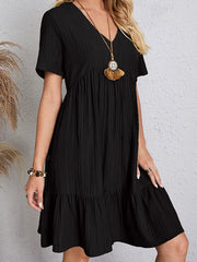 Pleated Solid Color Split-Joint A-line Loose V-neck Mini Dresses