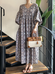 Vintage Floral Printed V-Neck Pleated Puff Sleeves Midi Dress