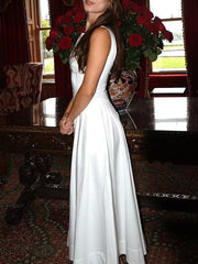 No Belt Pleated Solid Color Zipper A-Line Loose Round-Neck Midi Dresses