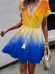 Elasticity Gradient Hollow Split-Joint Tasseled Tied Waist A-line Loose V-neck Mini Dresses