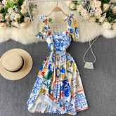 Bandage Bowknot Design Retro Printed Dress Flaxmaker