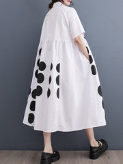 Buttoned Pockets Polka Dot Printed A-line Loose Lapel Midi Dresses