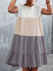 Contrast Color Falbala Pleated Split-Joint Loose Ruffle Sleeves Round-Neck Mini Dresses