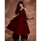 Velour Sling V Neck Midi Puffy Dress