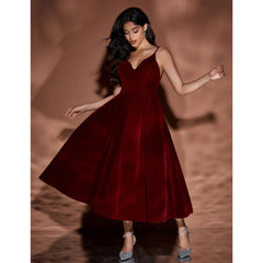 Velour Sling V Neck Midi Puffy Dress
