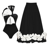 Halter Bow Color Block One Piece Swimsuit and Skirt Flaxmaker