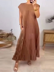 Pleated Pockets Solid Color Split-Joint A-Line High Waisted Round-Neck Maxi Dresses