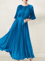 Loose Pleated With Waistband Solid Color Round-Neck Maxi Dresses