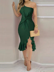 Asymmetric Pleated Solid Color Bodycon High Waisted One-Shoulder Midi Dresses