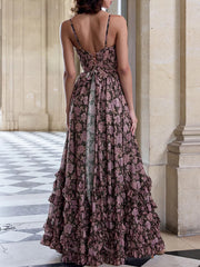 Flower Printed Ruffled Sleevless Spaghetti-Neck Split-Side Maxi Dresses