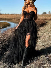 Lace Flower Ruffled Splicing Tube See-Through Maxi Dresses