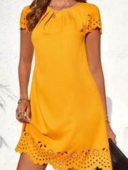 Hollow Pleated Solid Color Split-Joint Loose Short Sleeves Round-Neck Mini Dresses