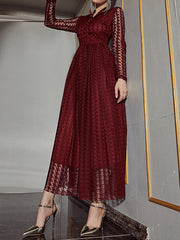 Buttoned Gauze See-Through Solid Color High Waisted Long Sleeves V-Neck Maxi Dresses