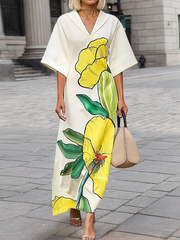 Floral Printed Split-Joint Batwing Sleeves Loose V-neck Maxi Dresses