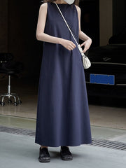 Solid Color Loose Sleeveless Round-Neck Midi Dresses