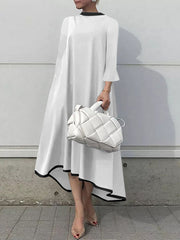 A-line Flared Sleeves Asymmetric Contrast Color Mock Neck Maxi Dresses