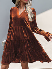 Pleated Solid Color Velvet A-Line Long Sleeves V-Neck Mini Dresses