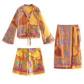 Casual Retro Printed Shirt Three Piece Skirt Set Flaxmaker