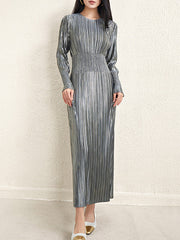 Bronzing Pleated Shiny Solid Color A-Line High Waisted Round-Neck Midi Dresses