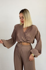 V Neck Puff Sleeve Fold Two Piece Set
