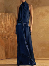 Belt Buckle Solid Color Split-Joint Loose Sleeveless High Neck Maxi Dresses