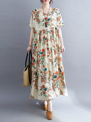 Floral Printed Loose Short Sleeves Round-neck Midi Dresses
