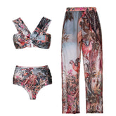 Flaxmaker Off Shoulder Paraiso Printed Bikini Swimsuit and Beach Cover Up