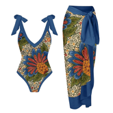 Tie-shoulder Printed One Piece Swimsuit and Sarong Flaxmaker