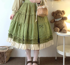 Embroidery Lace Floral Bow Ruffles Long Skirt - Sweet A-Line