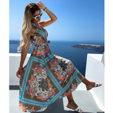 Fashion V-neck Sleeveless Retro Printed Waist Dress