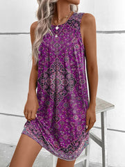 Geometric Pleated Printed Split-Joint Loose Plus Size U-Neck Mini Dresses