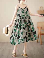 Pleated Printed Split-Joint Loose Sleeveless Spaghetti-Neck Midi Dresses