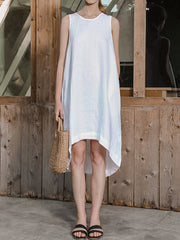 Solid Color High-Low Loose Round-Neck Midi Dresses