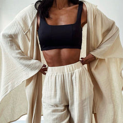 Cotton and Linen Hooded Solid Color Two Piece Set